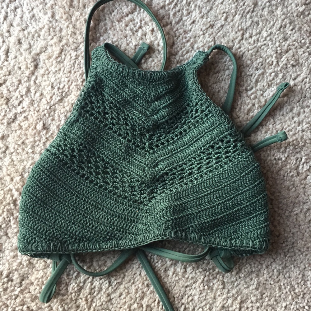 Green lace back high neck swim top xs